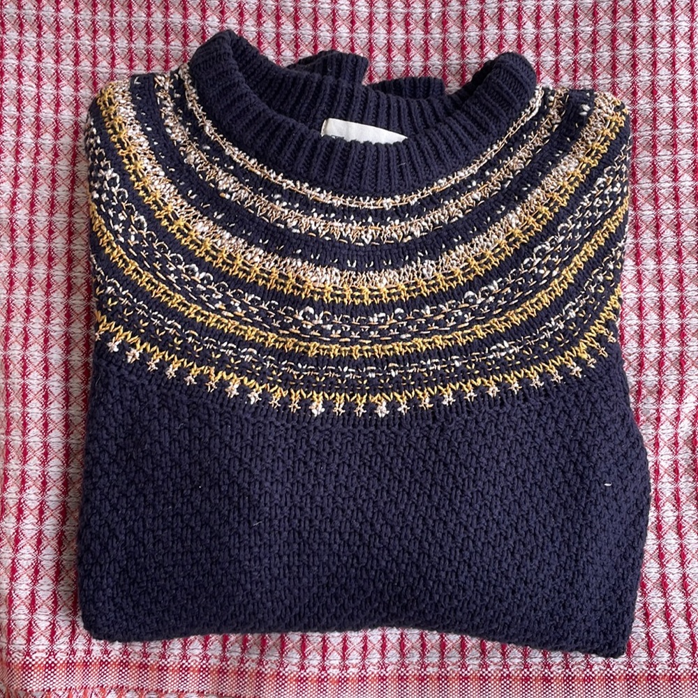 The Reeds, Size Small, Navy and Gold Fair Isle Sweater